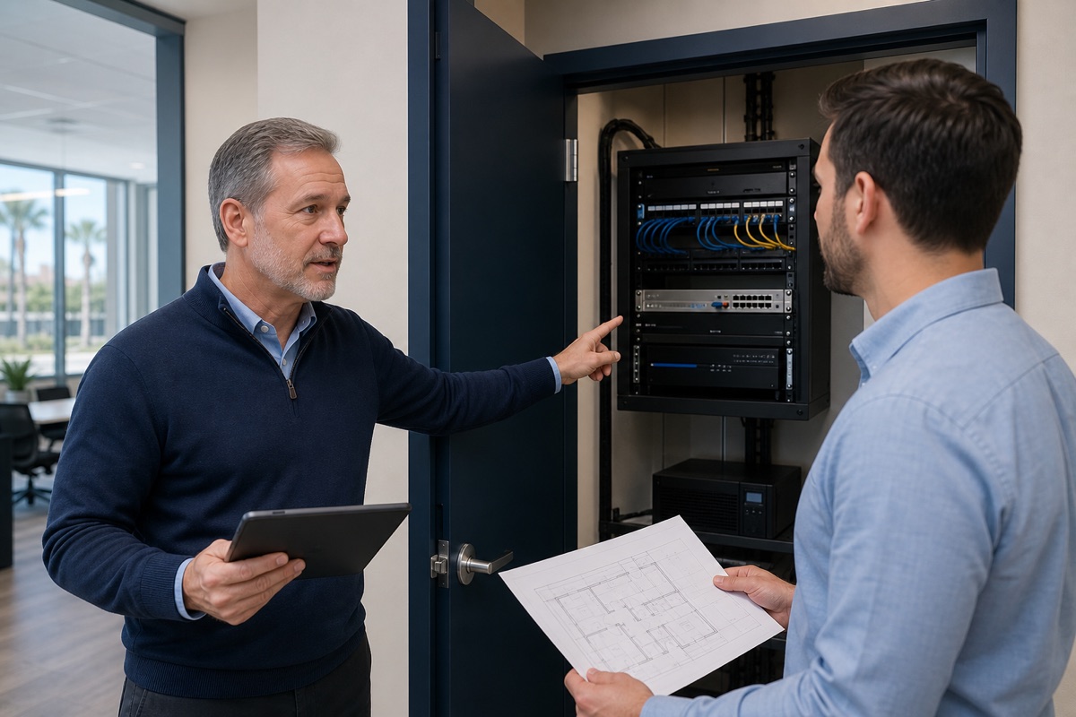 Technology consultant reviewing a client floor plan and network infrastructure during an on-site discovery visit