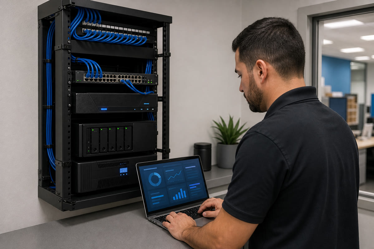IT technician reviewing business network, storage, and recovery systems