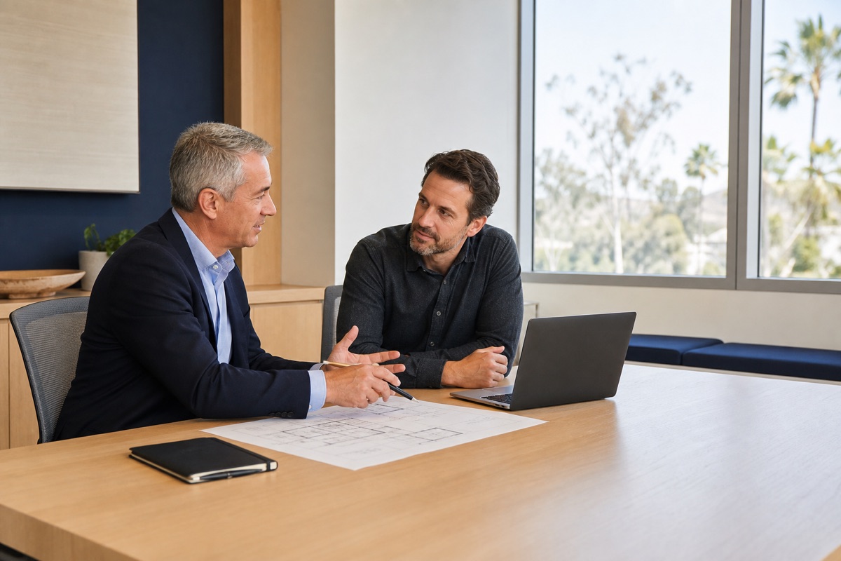 Technology consultant discussing infrastructure and cybersecurity priorities with a business owner