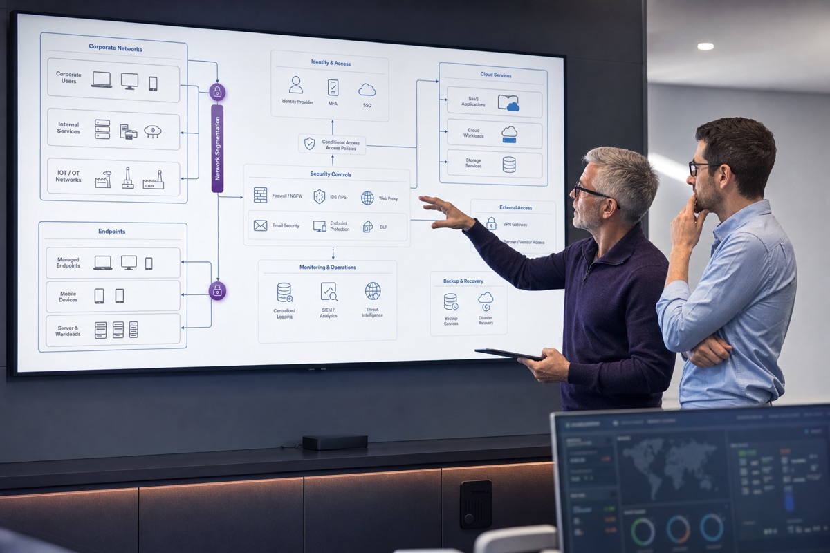 Security architect and IT leader reviewing network segmentation, identity, cloud, endpoint, logging, and recovery controls