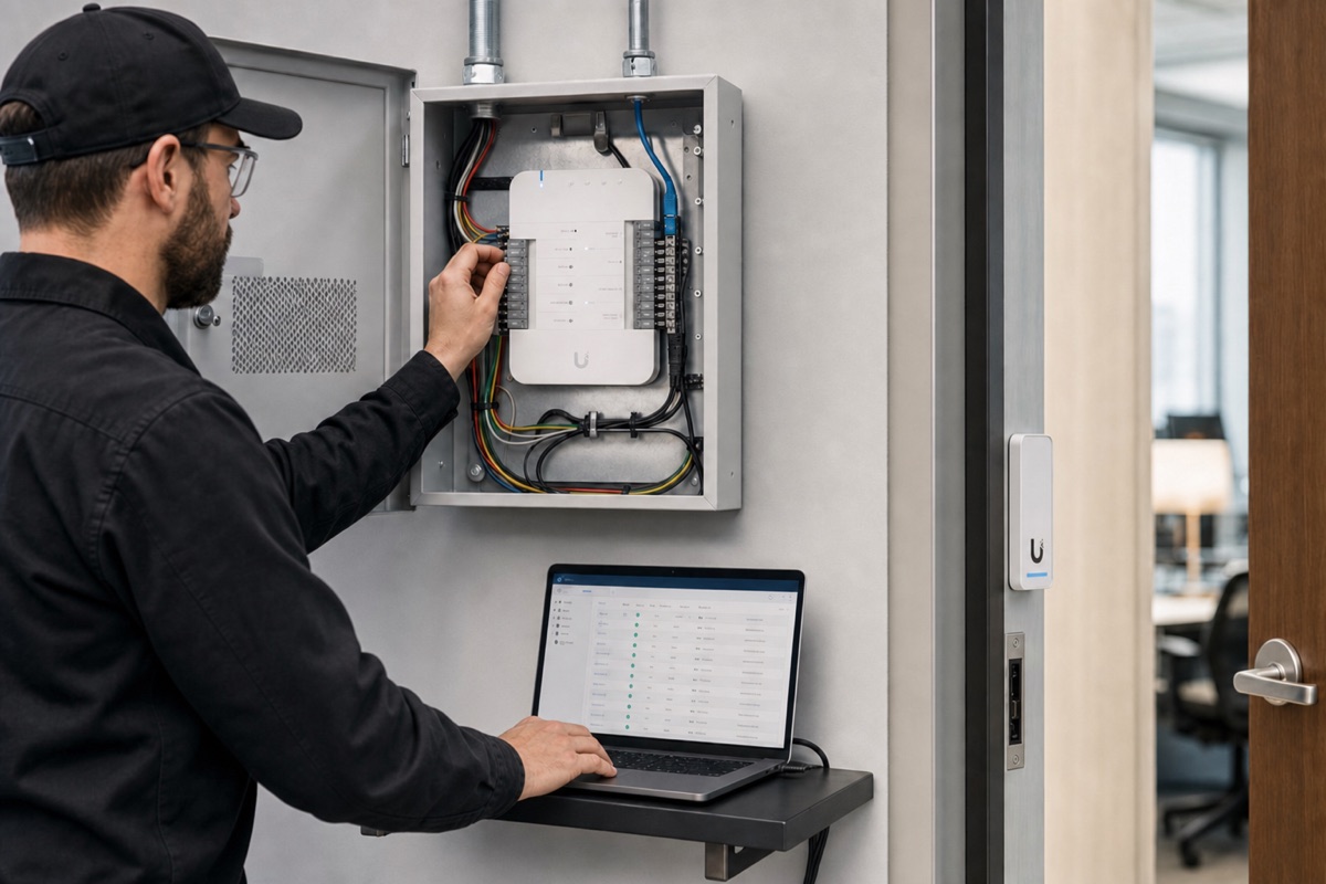 Security technician commissioning a professionally enclosed door access hub while reviewing the system on a laptop