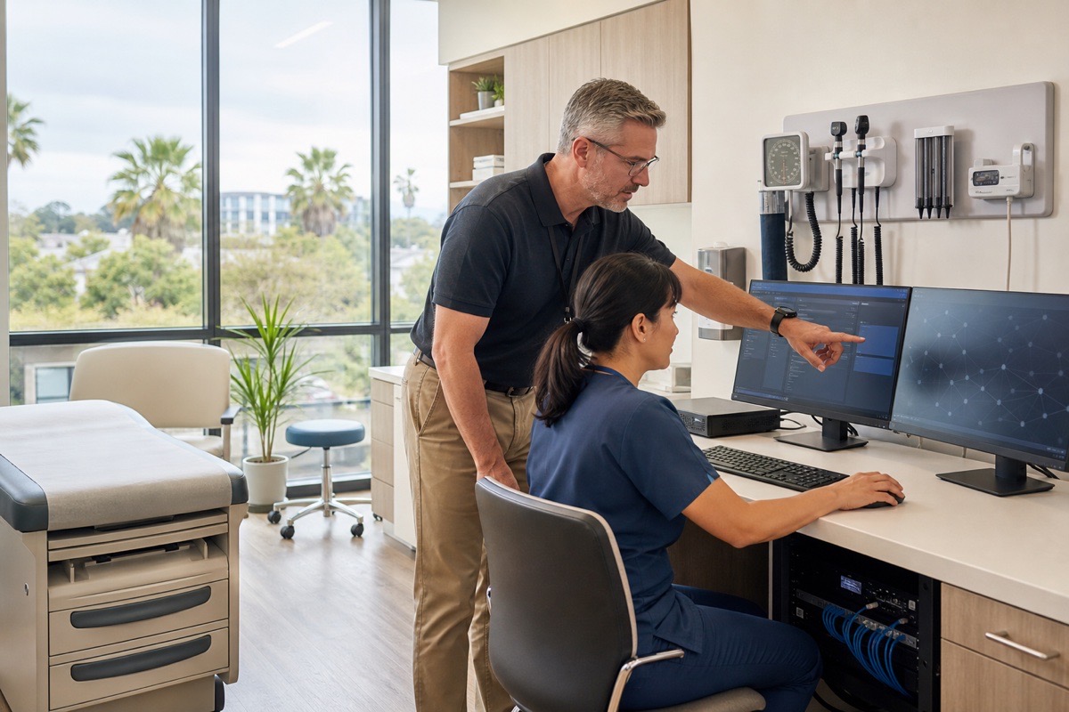 Healthcare IT specialist reviewing secure clinical workstation and network connectivity with medical office staff