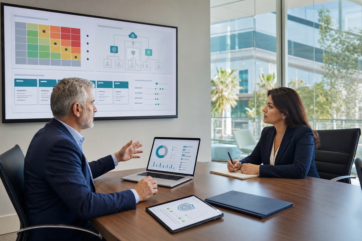 Healthcare security advisor and compliance leader reviewing a HIPAA security risk assessment and risk matrix