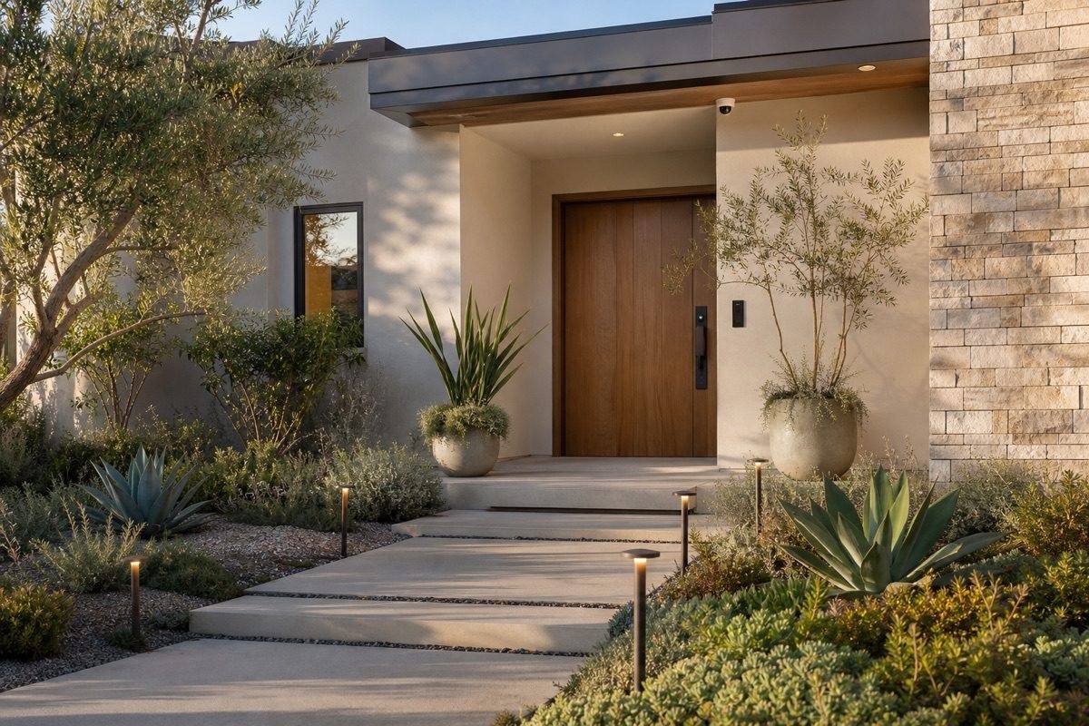 Illustrative residential entry with discreet lighting, camera, and smart-access hardware