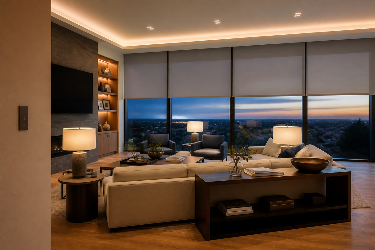 Living room with coordinated lighting scenes and motorized window shades at dusk