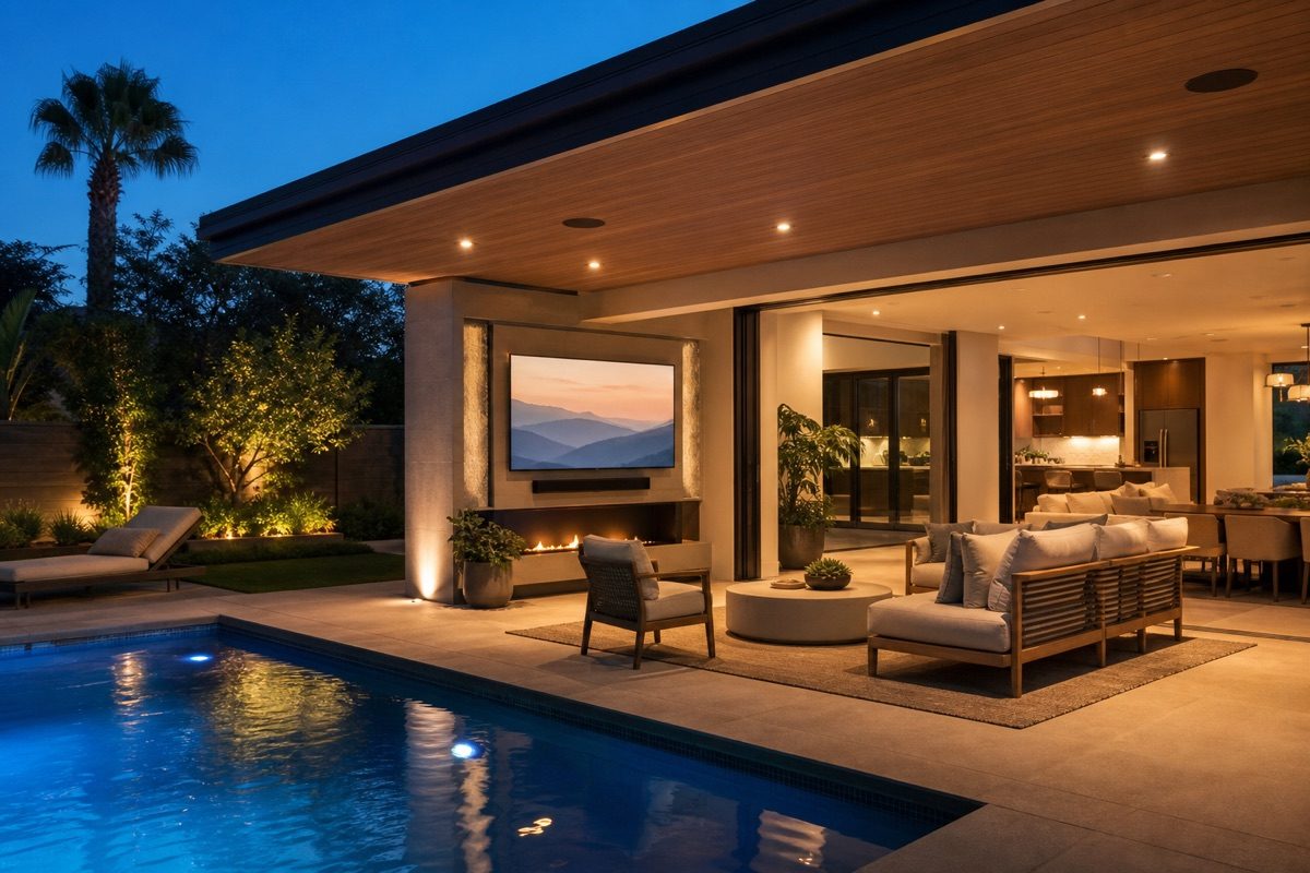 Illustrative outdoor living area with integrated television, audio, and landscape lighting