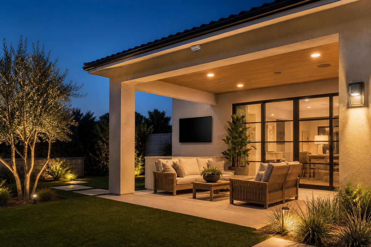 Covered patio with outdoor television, audio, architectural lighting, and landscape lighting