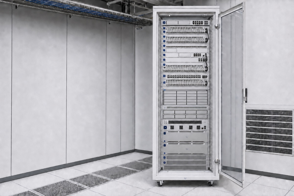 White 42U UniFi-style equipment rack with patch panels, switching, power, and organized network infrastructure
