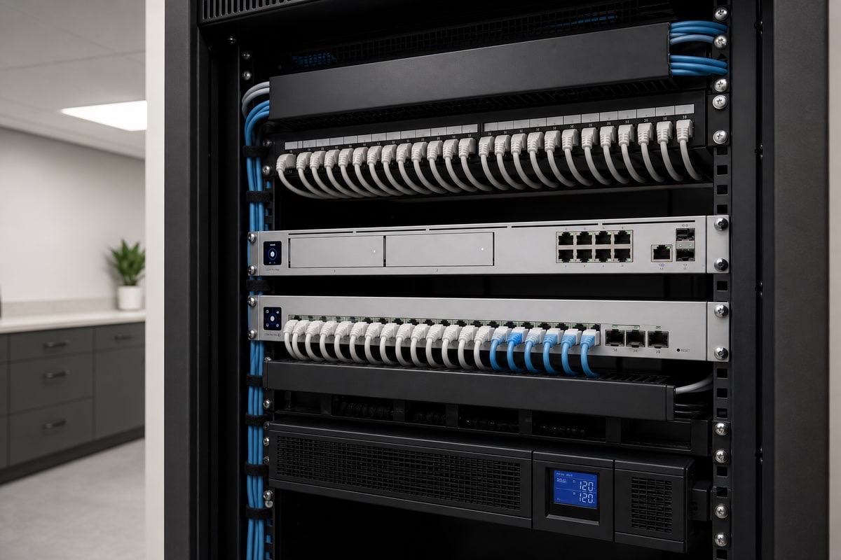 Professionally installed UniFi gateway and PoE switch in an organized network rack