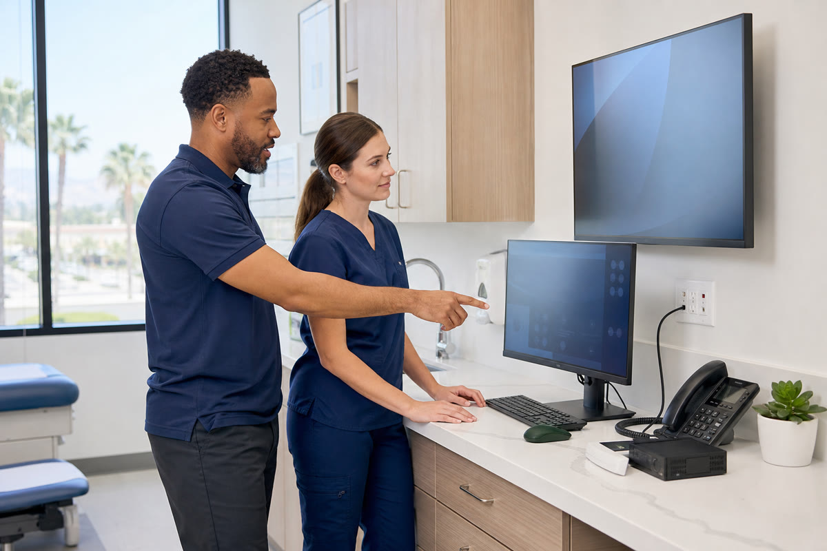 Healthcare professionals reviewing clinical workstation technology in a medical office