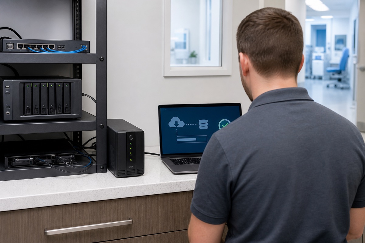 Medical-office IT specialist reviewing privacy-safe backup and recovery status beside protected infrastructure