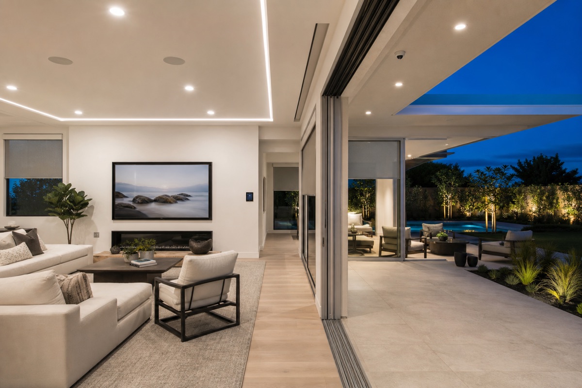 Contemporary home with coordinated lighting, motorized shades, television, touch control, security camera, and landscape lighting