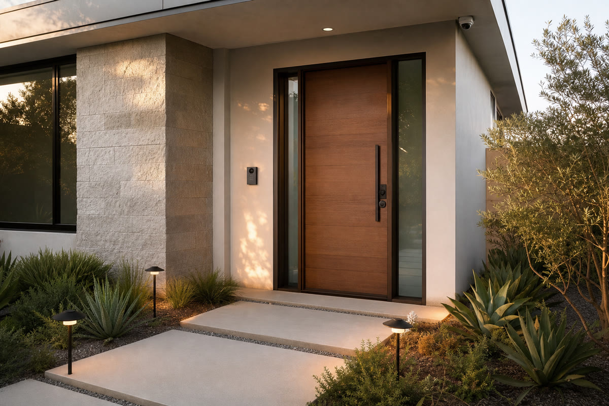 Modern residential entry with video intercom, smart lock, security camera, and pathway lighting