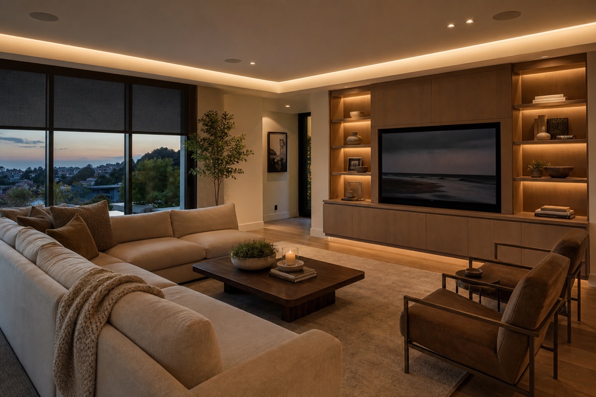 Illustrative finished living room designed for a smart-home retrofit