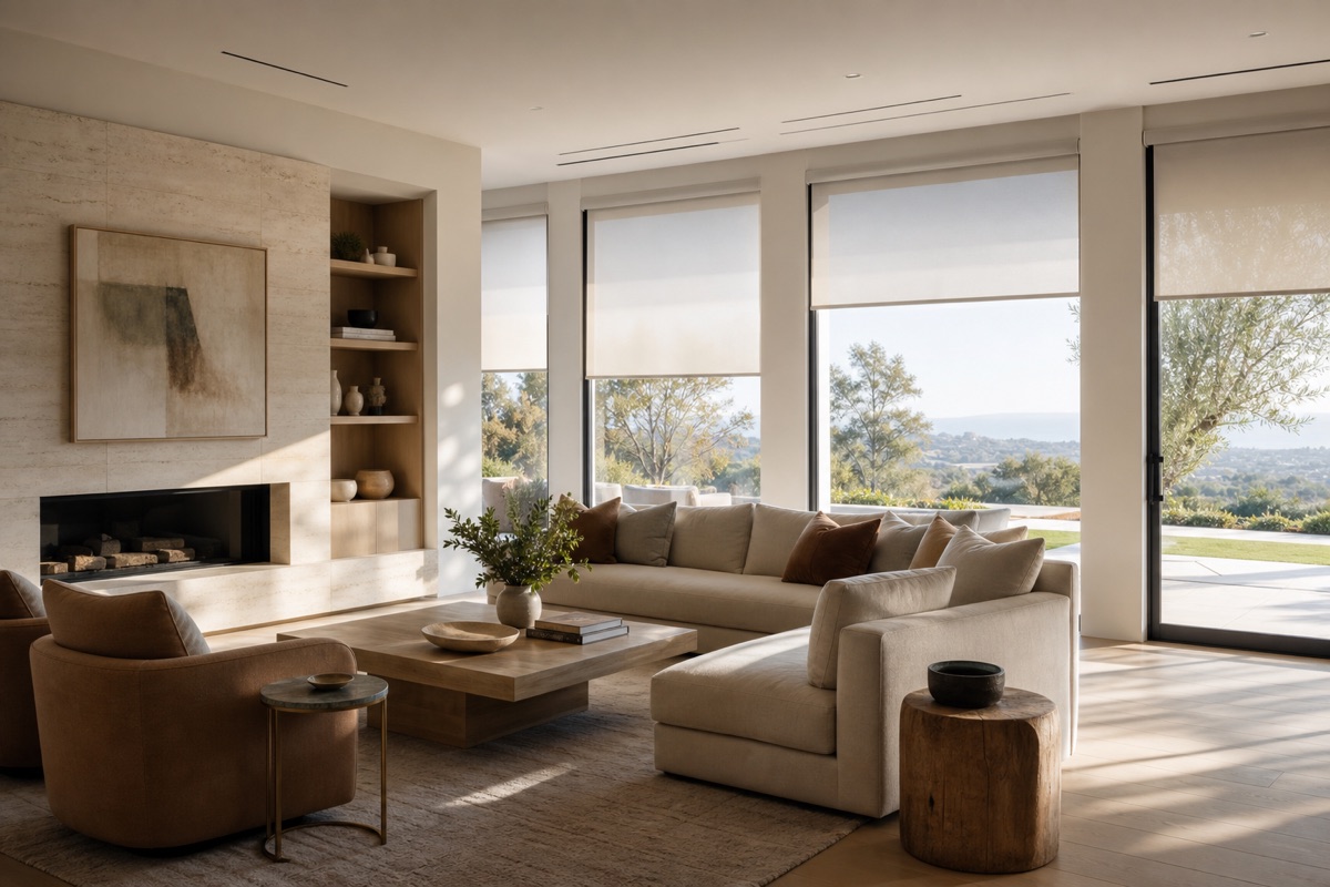 Contemporary living space with coordinated motorized shades, lighting, and comfort controls