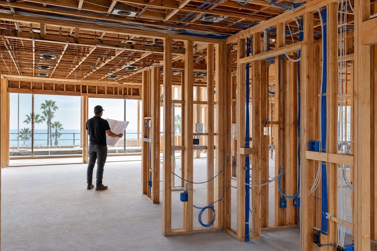 Illustrative new-construction low-voltage wiring plan inside a residence