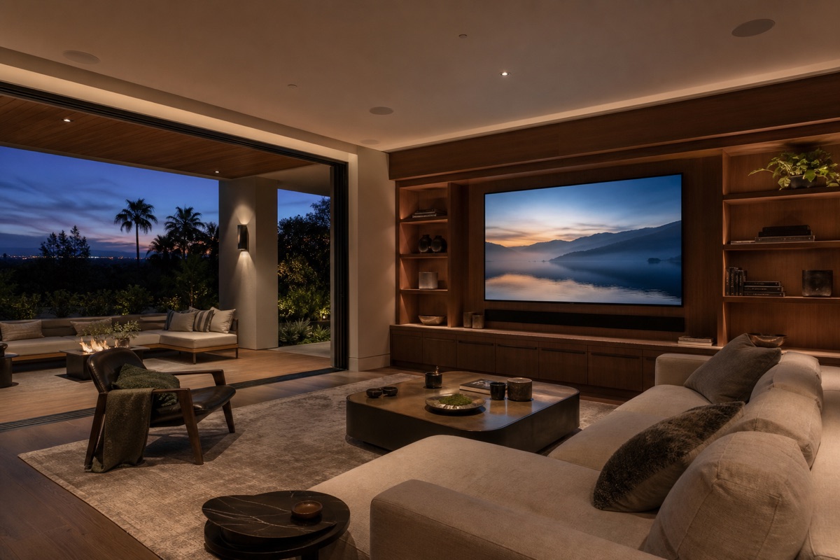 Illustrative media lounge with an integrated television and discreet ceiling speakers