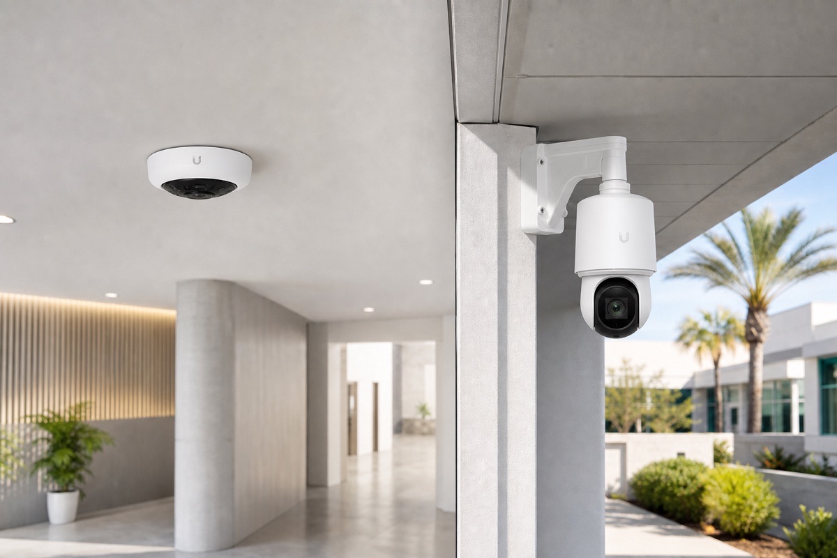 UniFi-style ceiling and wall-mounted security cameras protecting separate indoor and outdoor areas