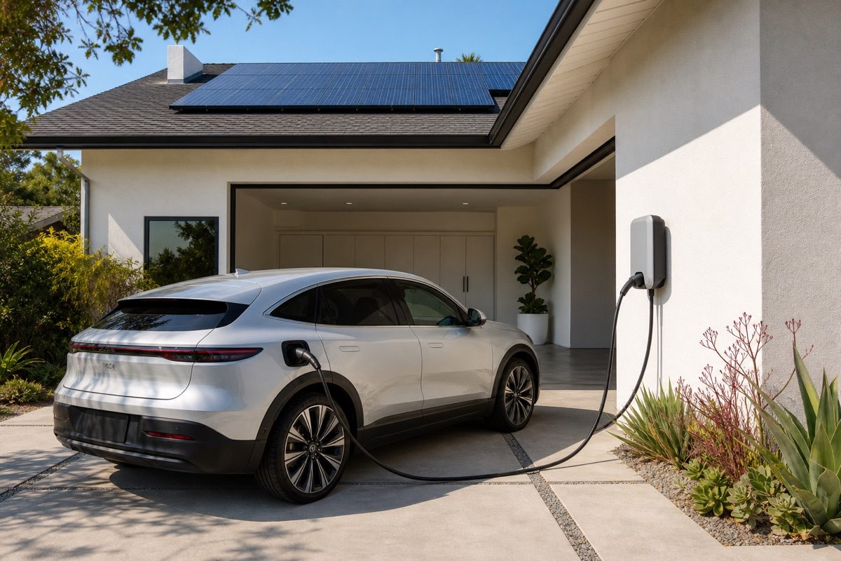 Illustrative electric vehicle charging at a solar-equipped home