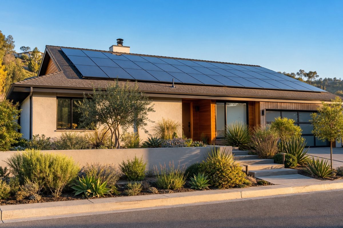 Illustrative Southern California home with a rooftop solar array