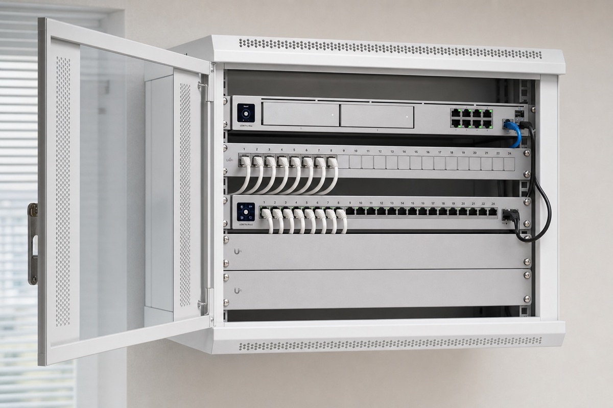 Illustrative UniFi business network rack with a gateway, 24-port PoE switch, patch panel, and fully seated patch cables